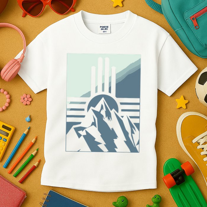New Mexico State Zia Symbol And Mountains Graphic Design Kids T-Shirt