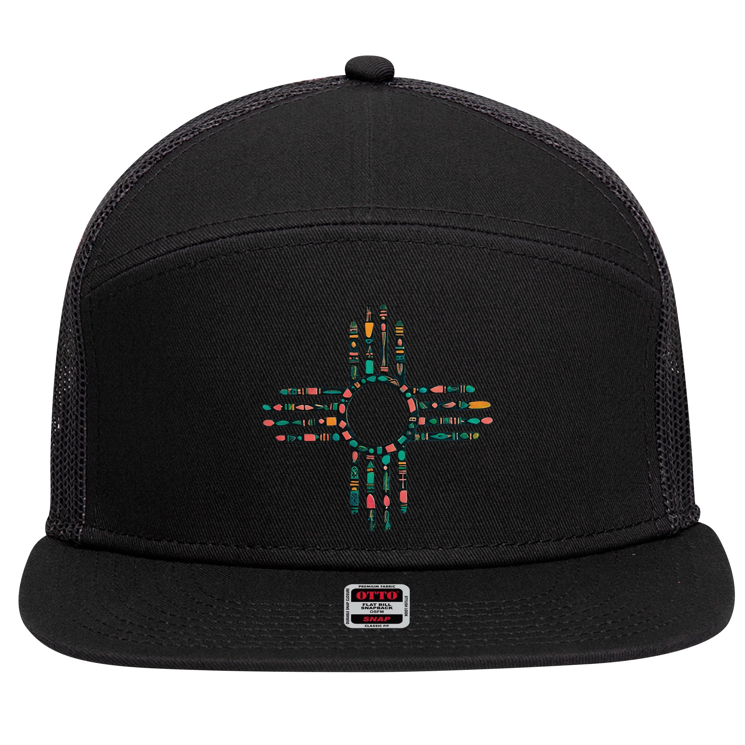 New Mexico Turquoise And Pink Turquoise Zia Symbol 7 Panel Mesh Trucker Snapback Hat