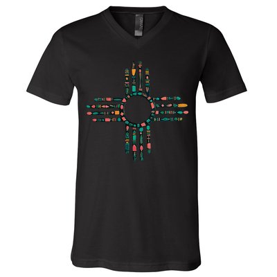 New Mexico Turquoise And Pink Turquoise Zia Symbol V-Neck T-Shirt
