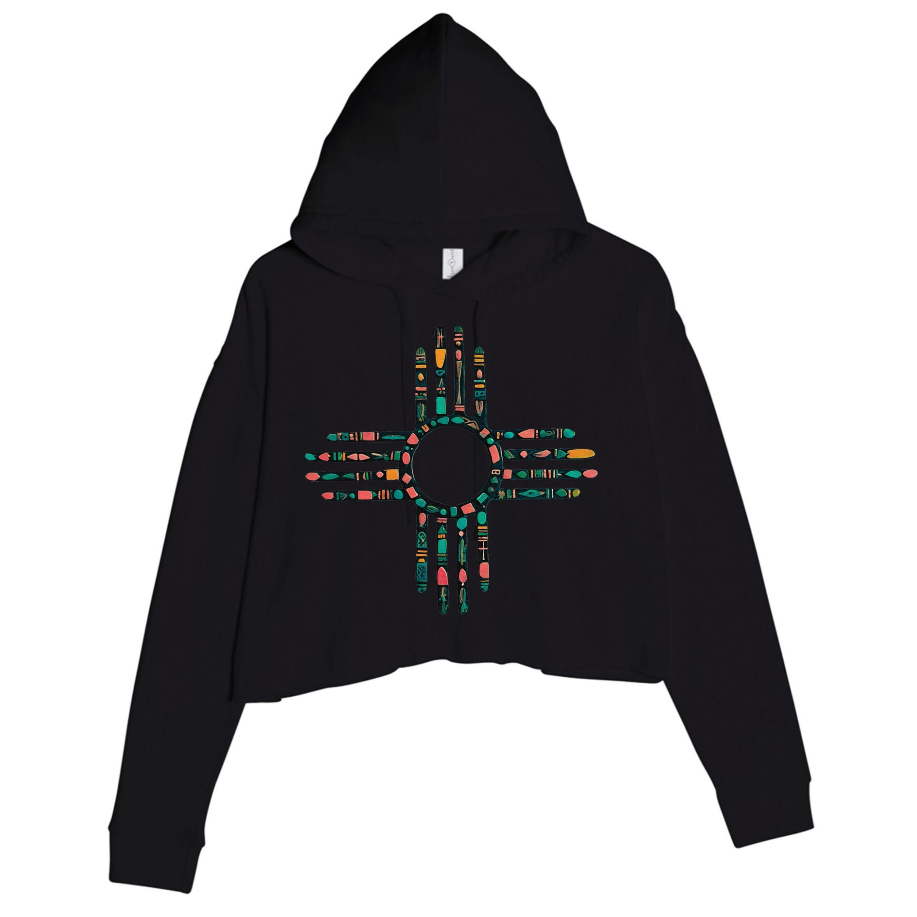 New Mexico Turquoise And Pink Turquoise Zia Symbol Crop Fleece Hoodie