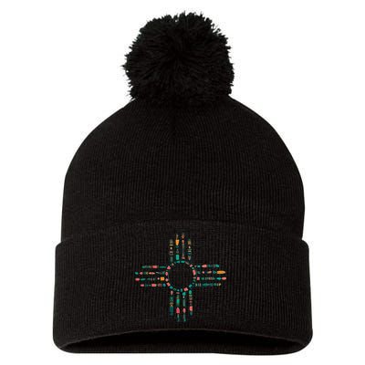 New Mexico Turquoise And Pink Turquoise Zia Symbol Pom Pom 12in Knit Beanie