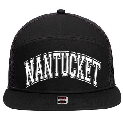 Nantucket Massachusetts Varsity Style Pink With White Text 7 Panel Mesh Trucker Snapback Hat