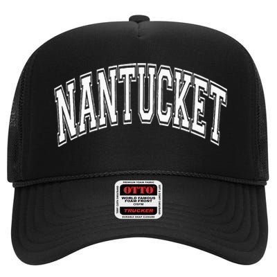 Nantucket Massachusetts Varsity Style Pink With White Text High Crown Mesh Back Trucker Hat