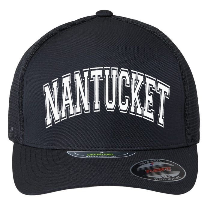 Nantucket Massachusetts Varsity Style Pink With White Text Flexfit Unipanel Trucker Cap