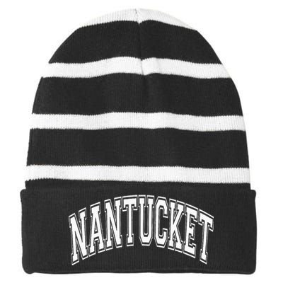 Nantucket Massachusetts Varsity Style Pink With White Text Striped Beanie with Solid Band