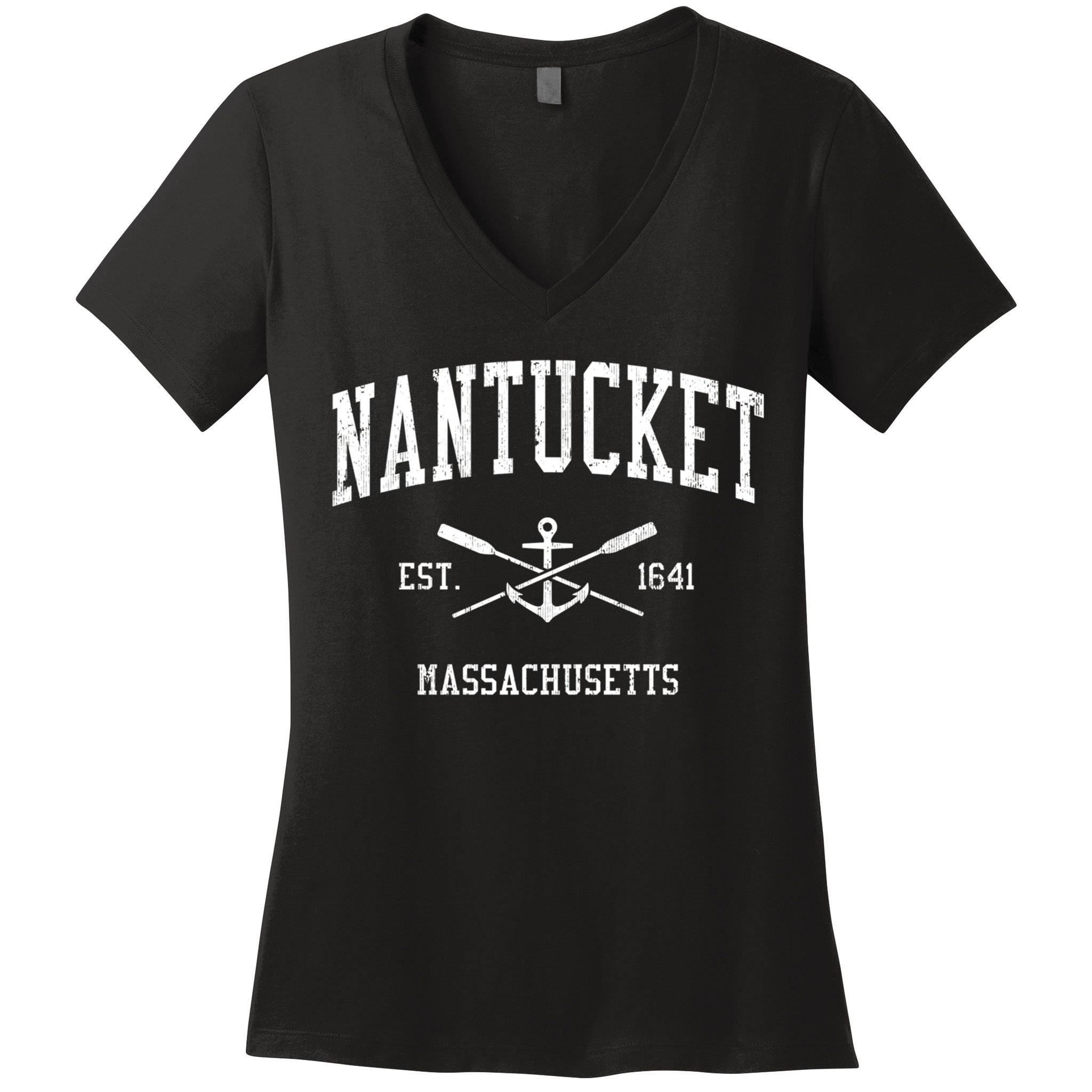 Nantucket Ma Vintage Crossed Oars And Boat Anchor Sports Funny Gift Women's V-Neck T-Shirt