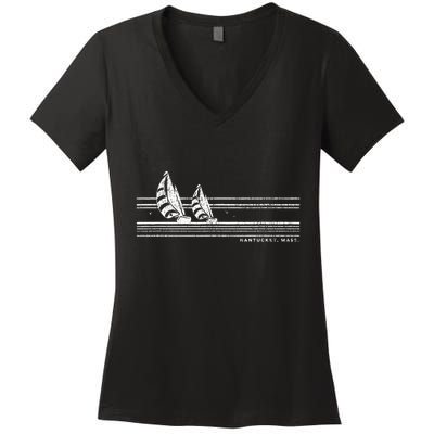 Nantucket Ma Vintage Sailing 70s Nautical Sailboat Women's V-Neck T-Shirt