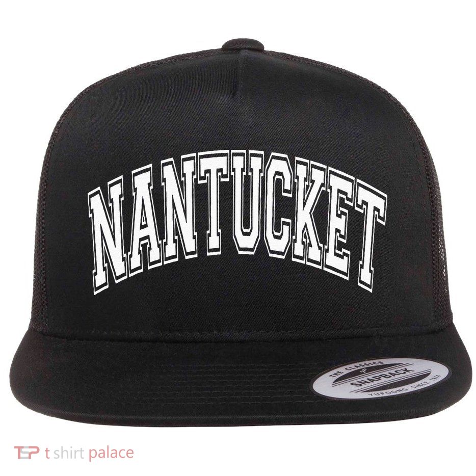 Nantucket Massachusetts Varsity Style Pink With White Text Flatbill Hat