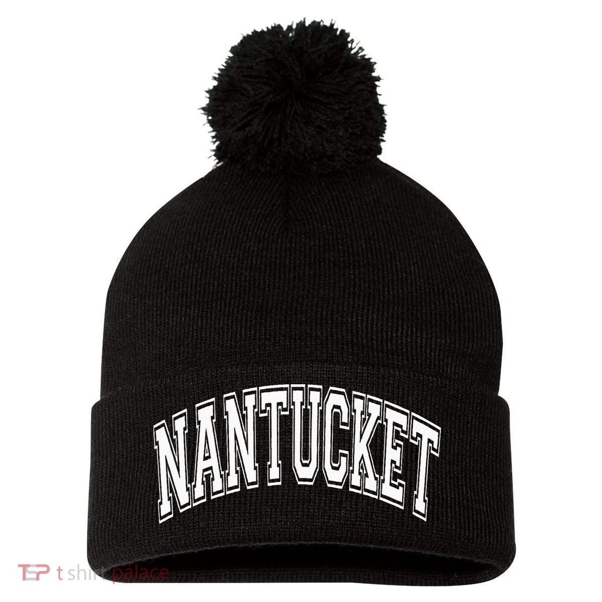 Nantucket Massachusetts Varsity Style Pink With White Text Pom Pom 12in Knit Beanie
