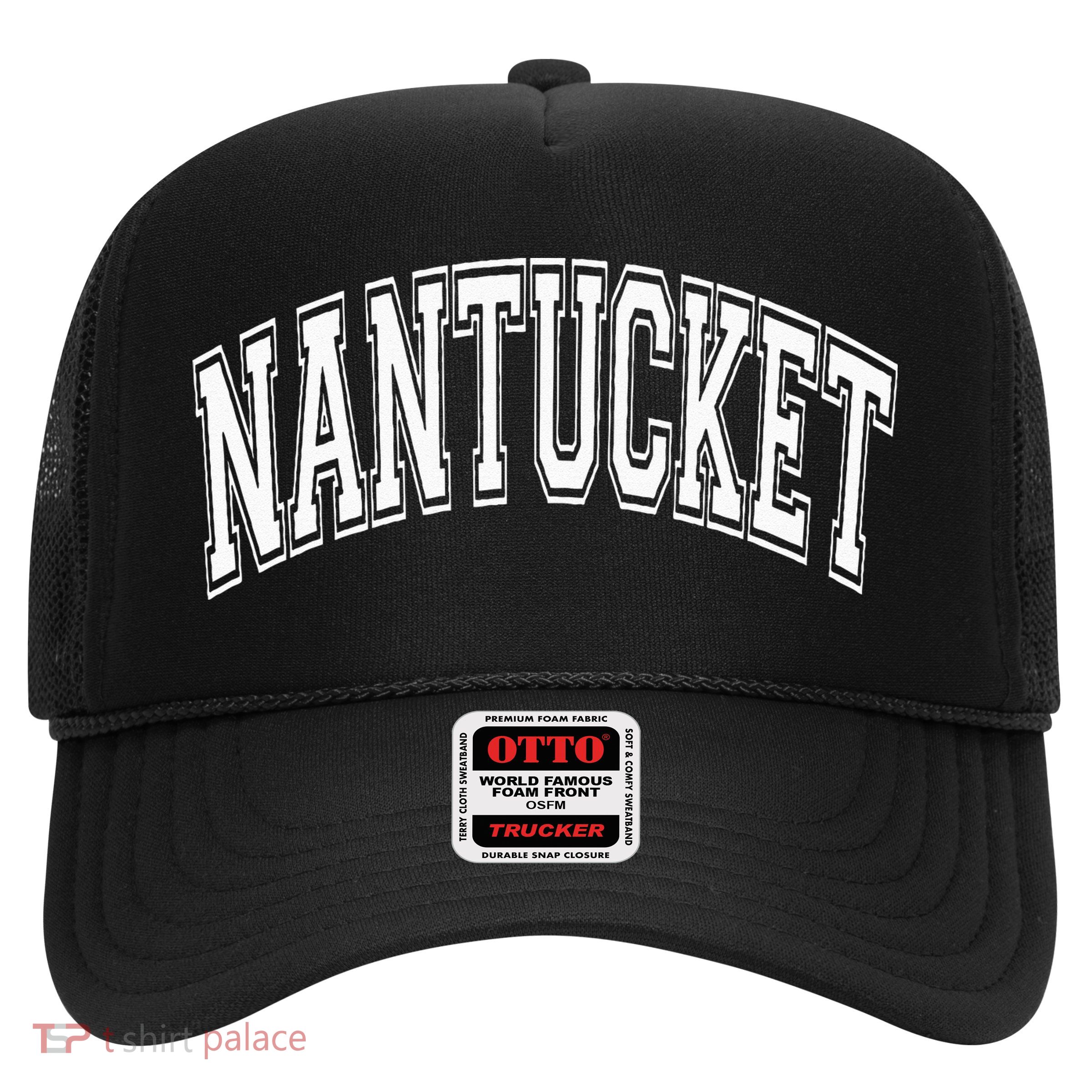 Nantucket Massachusetts Varsity Style Pink With White Text Trucker Hat