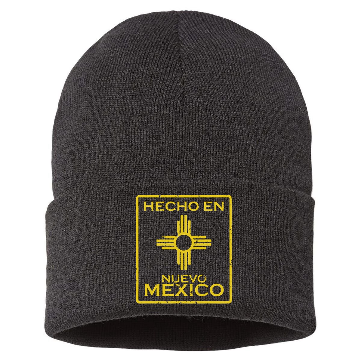 New Mexico Zia Symbol Distressed Hecho En New Mexico Sustainable Knit Beanie