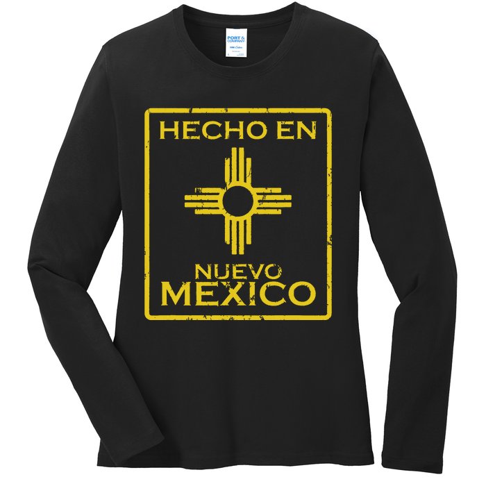 New Mexico Zia Symbol Distressed Hecho En New Mexico Ladies Long Sleeve Shirt