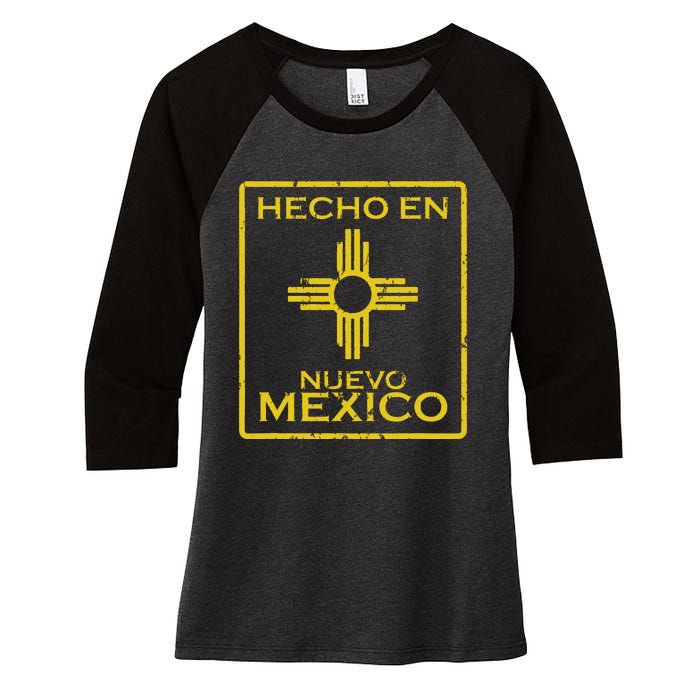 New Mexico Zia Symbol Distressed Hecho En New Mexico Women's Tri-Blend 3/4-Sleeve Raglan Shirt