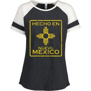 New Mexico Zia Symbol Distressed Hecho En New Mexico Enza Ladies Jersey Colorblock Tee