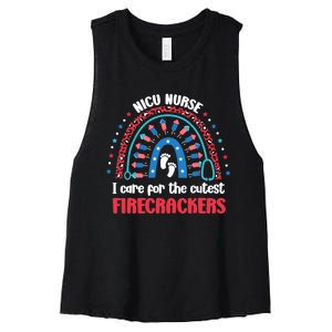 NICU Nurse 4th July I Care for the Cutest Firecrackers Women's Racerback Cropped Tank