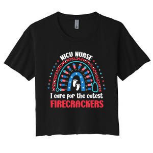 NICU Nurse 4th July I Care for the Cutest Firecrackers Women's Crop Top Tee