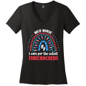 NICU Nurse 4th July I Care for the Cutest Firecrackers Women's V-Neck T-Shirt