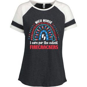 NICU Nurse 4th July I Care for the Cutest Firecrackers Enza Ladies Jersey Colorblock Tee