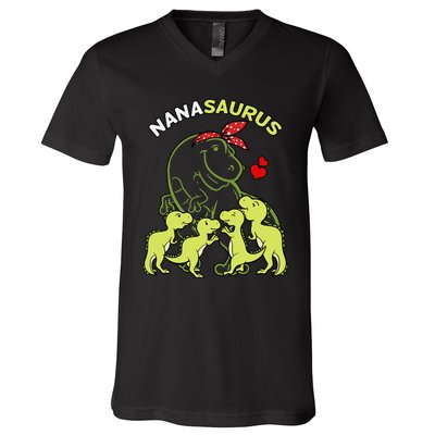 Nanasaurus Nana 4  Dinosaur Mother's Day V-Neck T-Shirt