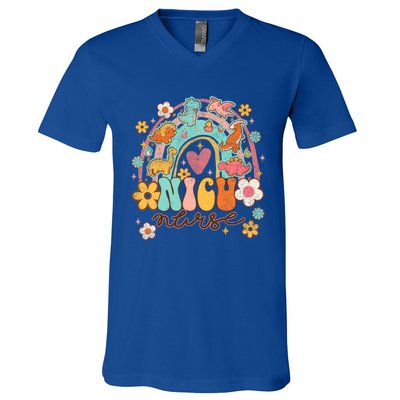 Nicu Nurse Animal Dinosaur Nurse Appreciation Groovy Rainbow Gift V-Neck T-Shirt