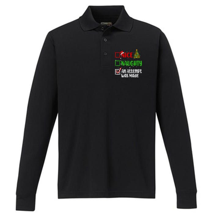 Nice Naughty An Attempt Was Made Christmas List Holiday Xmas Performance Long Sleeve Polo