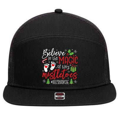 NICU Nurse Believin Magic Of Tiny Mistletoe Christmas 7 Panel Mesh Trucker Snapback Hat