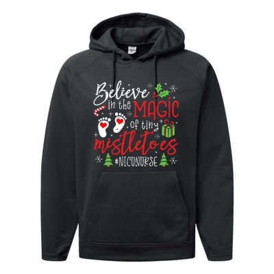 NICU Nurse Believin Magic Of Tiny Mistletoe Christmas Performance Fleece Hoodie