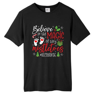 NICU Nurse Believin Magic Of Tiny Mistletoe Christmas Tall Fusion ChromaSoft Performance T-Shirt