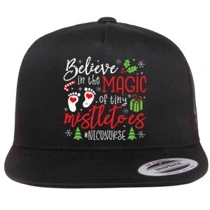 NICU Nurse Believin Magic Of Tiny Mistletoe Christmas Flat Bill Trucker Hat