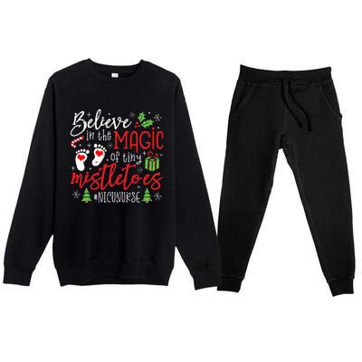 NICU Nurse Believin Magic Of Tiny Mistletoe Christmas Premium Crewneck Sweatsuit Set