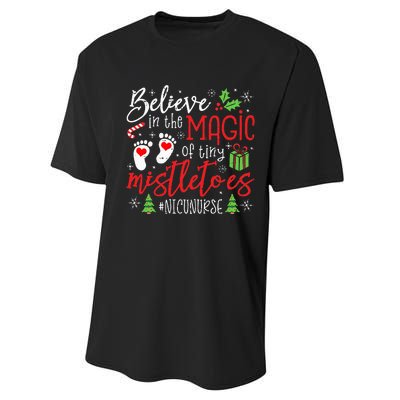 NICU Nurse Believin Magic Of Tiny Mistletoe Christmas Performance Sprint T-Shirt