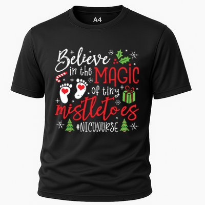 Nicu Nurse Believin Magic Of Tiny Mistletoe Christmas Cooling Performance Crew T-Shirt