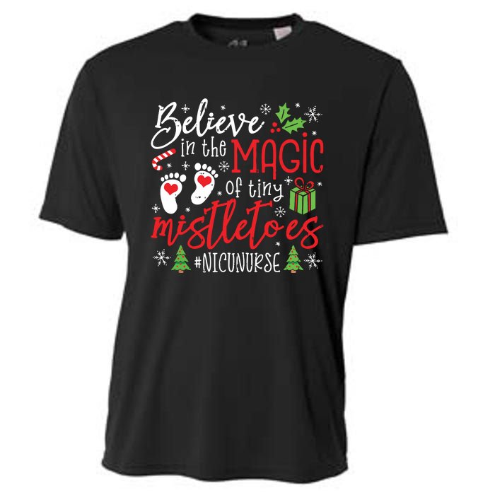 Nicu Nurse Believin Magic Of Tiny Mistletoe Christmas Cooling Performance Crew T-Shirt