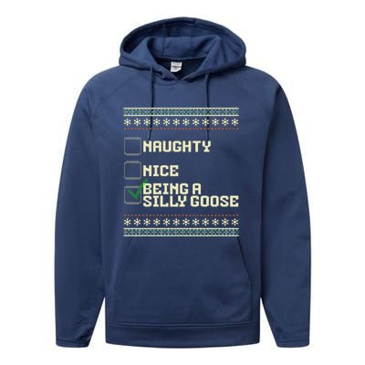 Naughty Nice Being A Silly Goose Funny Ugly Christmas Xmas  Performance Fleece Hoodie