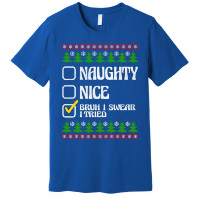 Nice Naughty Bruh I Swear I Tried Xmas Santa List Gift Premium T-Shirt