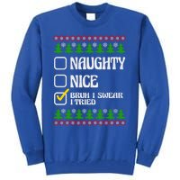 Nice Naughty Bruh I Swear I Tried Xmas Santa List Gift Tall Sweatshirt