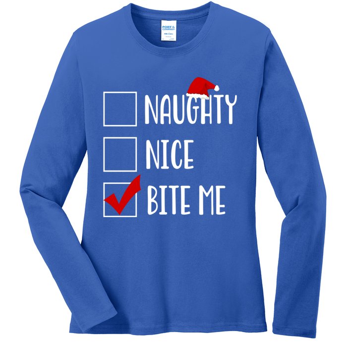 Naughty Nice Bite Me Funny Rude Sarcastic Santa Christmas Great Gift Ladies Long Sleeve Shirt