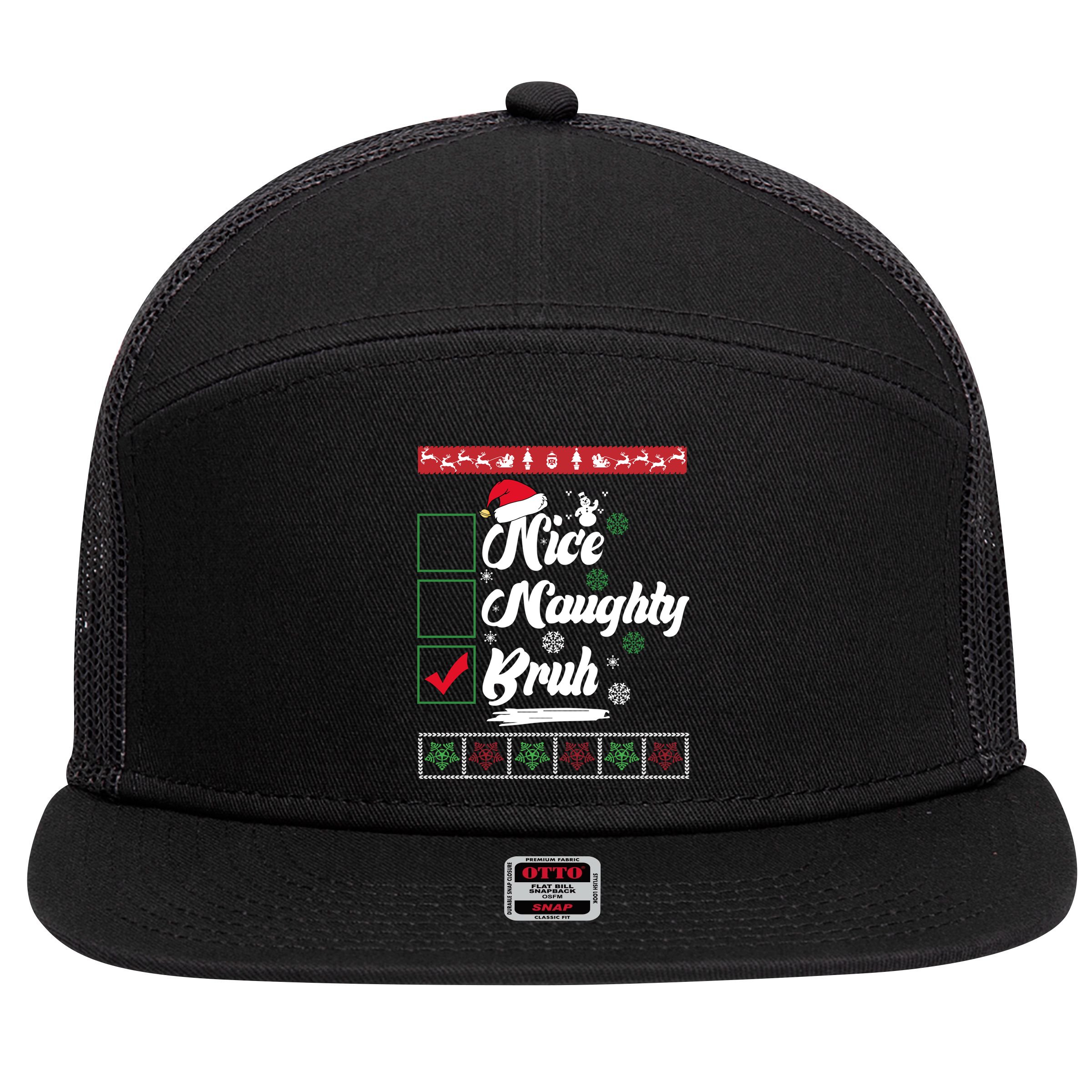 Nice Naughty Bruh Funny Christmas Santa 7 Panel Mesh Trucker Snapback Hat