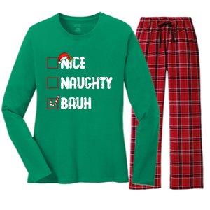 Nice Naughty Bruh Santa Checklist Funny Women's Long Sleeve Flannel Pajama Set 