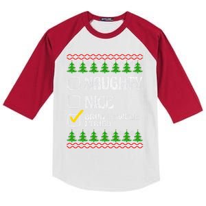 Nice Naughty Bruh I Swear I Tried Xmas Santa List Gift Kids Colorblock Raglan Jersey