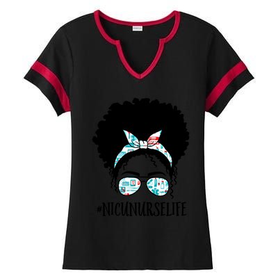 Nicu Nurse Black Afro Messy Bun Crew African American Gift Ladies Halftime Notch Neck Tee