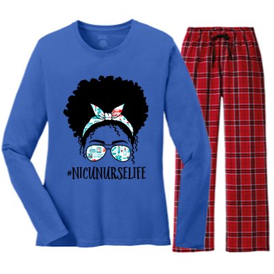 Nicu Nurse Black Afro Messy Bun Crew African American Gift Women's Long Sleeve Flannel Pajama Set 