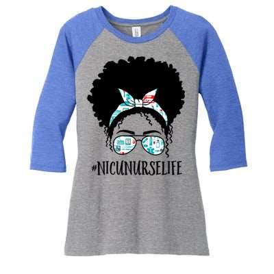 Nicu Nurse Black Afro Messy Bun Crew African American Gift Women's Tri-Blend 3/4-Sleeve Raglan Shirt