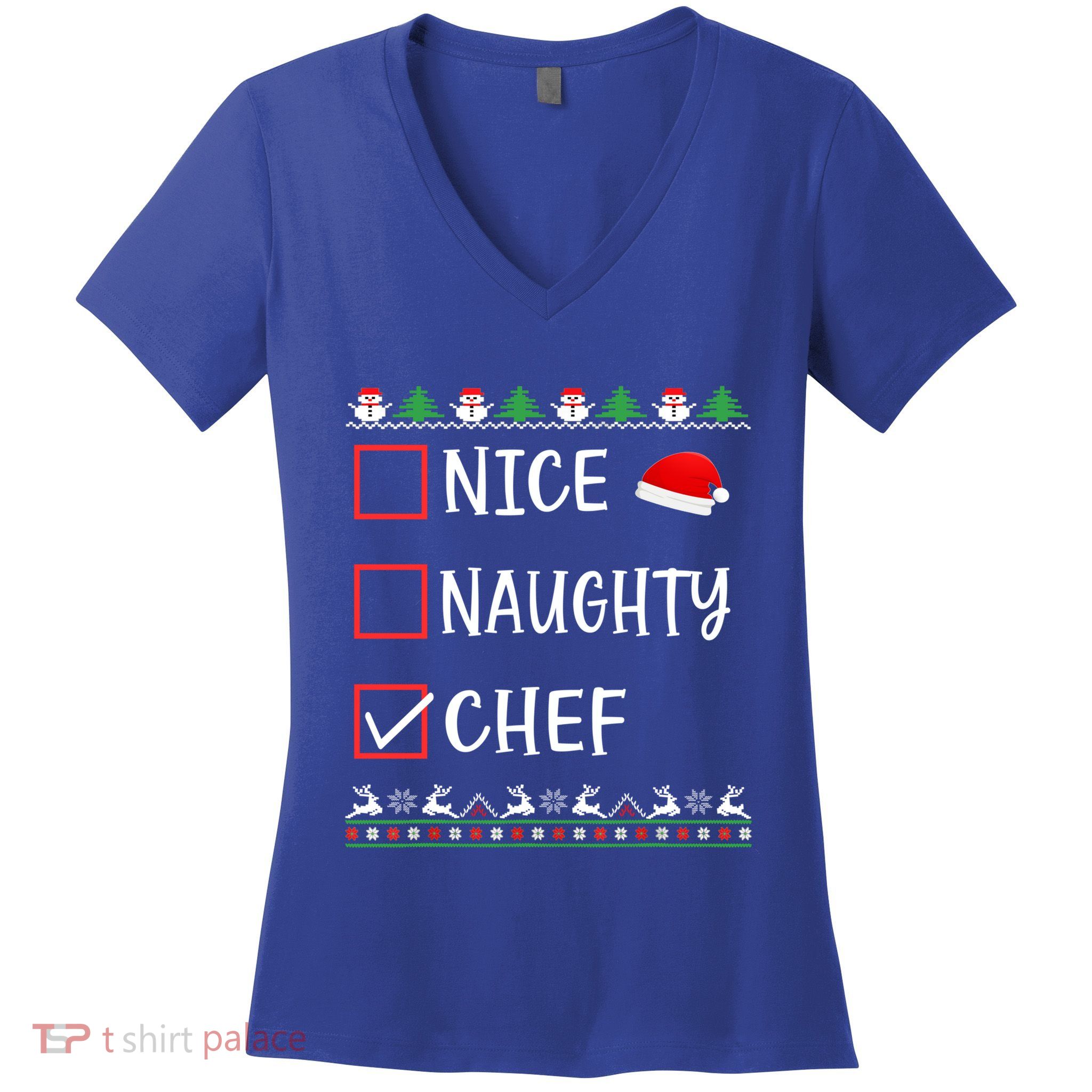 Nice Naughty Chef Funny Ugly Christmas List Family Xmas Gift Women's V-Neck T-Shirt