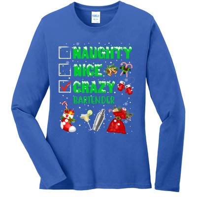 Naughty Nice Crazy Bartender Christmas Xmas Gift Ladies Long Sleeve Shirt