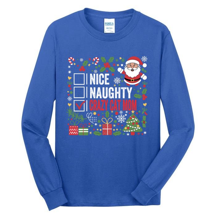 Nice Naughty Crazy Cat Mom Funny Christmas Santa Claus Gift Tall Long Sleeve T-Shirt