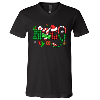 Nurse Nicu Christmas Stethoscope Santa Hat Buffalo Plaid Pjs V-Neck T-Shirt