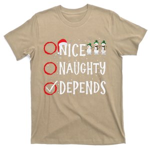 Nice Naughty Depends Funny Christmas List Xmas Santa Claus T-Shirt