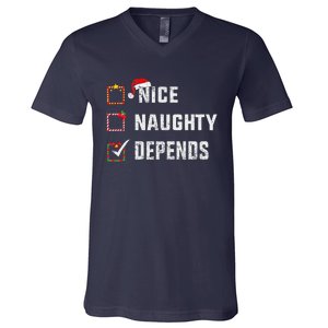 Nice Naughty Depends Christmas List Xmas Santa Claus V-Neck T-Shirt