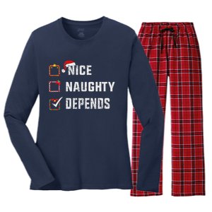 Nice Naughty Depends Christmas List Xmas Santa Claus Women's Long Sleeve Flannel Pajama Set 